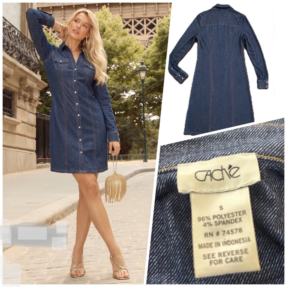 Vtg Cache Denim Shirt Dress S Pearl Snap Front Long Sleeve Stretch Quiet Luxury
